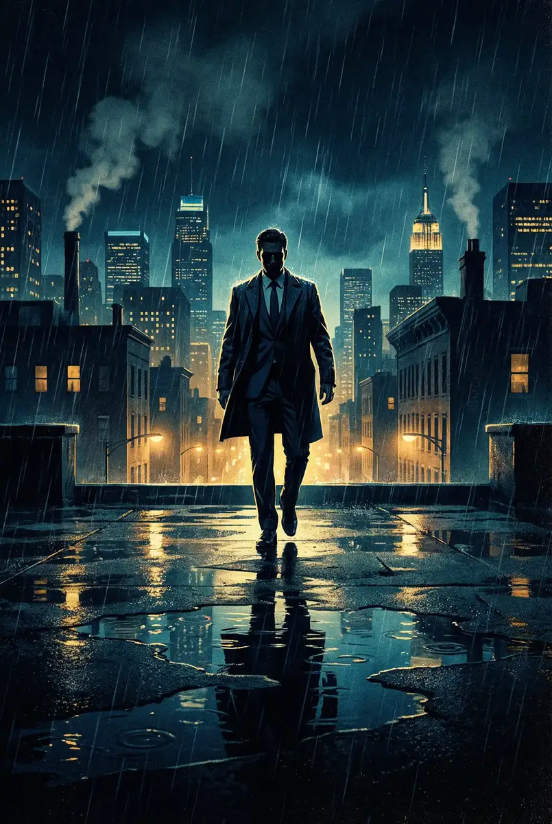 禁忌女孩第一季在线泰剧 出品影片《雨夜独行者》海报，雨中城市屋顶男性剪影